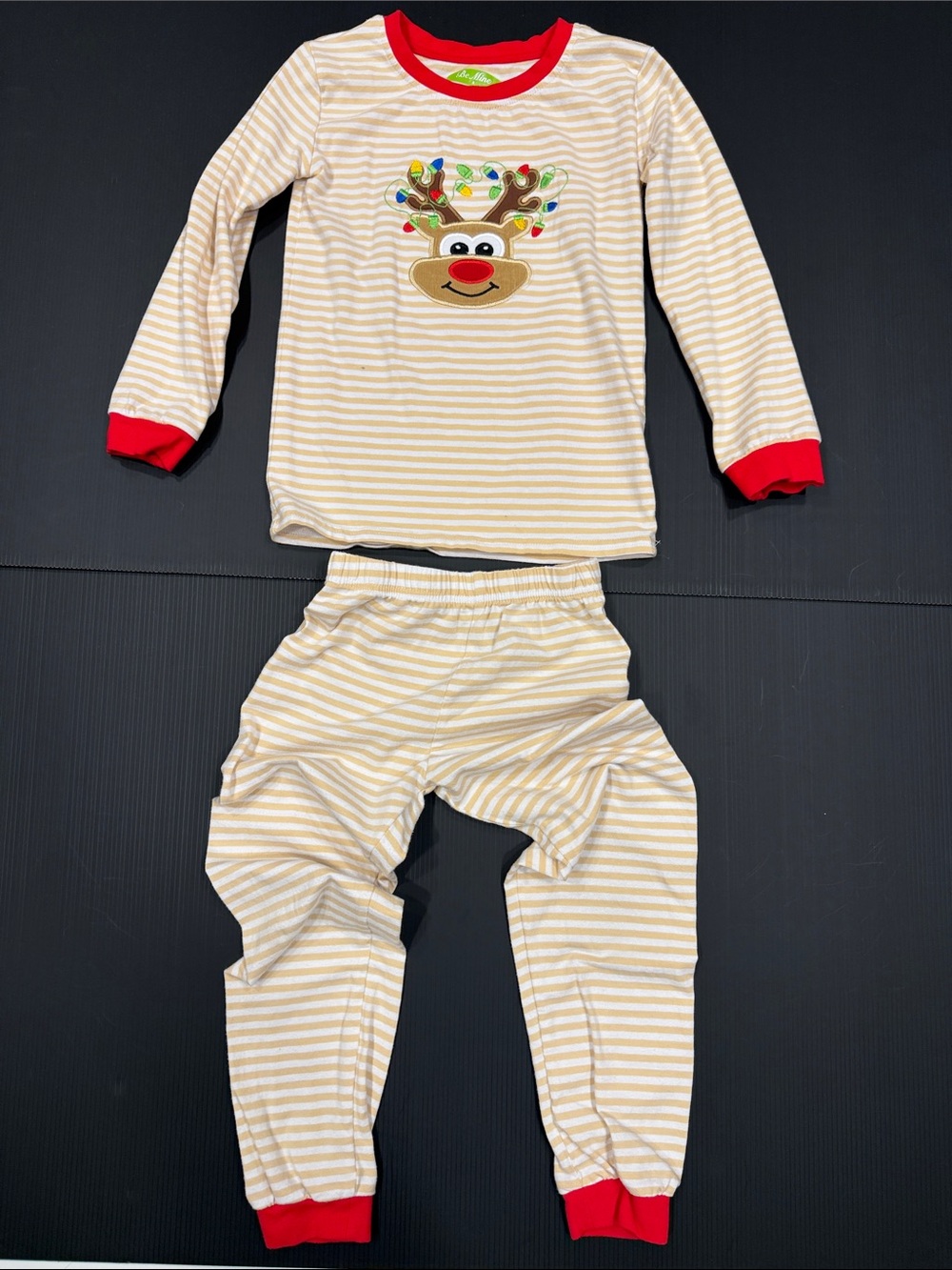 Be Mine Beige & White Striped Reindeer Pajama Set with Red Trim